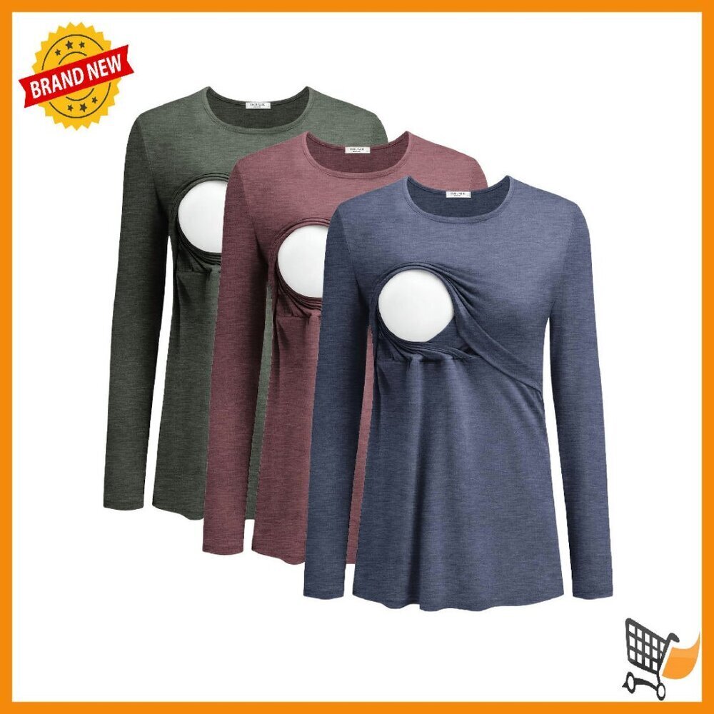 Long Sleeve Nursing Tops 3 Pack Maternity Breastfeeding Shirts